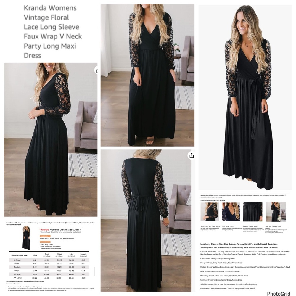 Kranda XXL plus size black lace long sleeve maxi v neck dress NWT